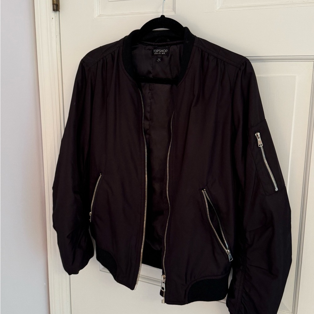Topshop Dark Bomber Jacket with Zipper Details